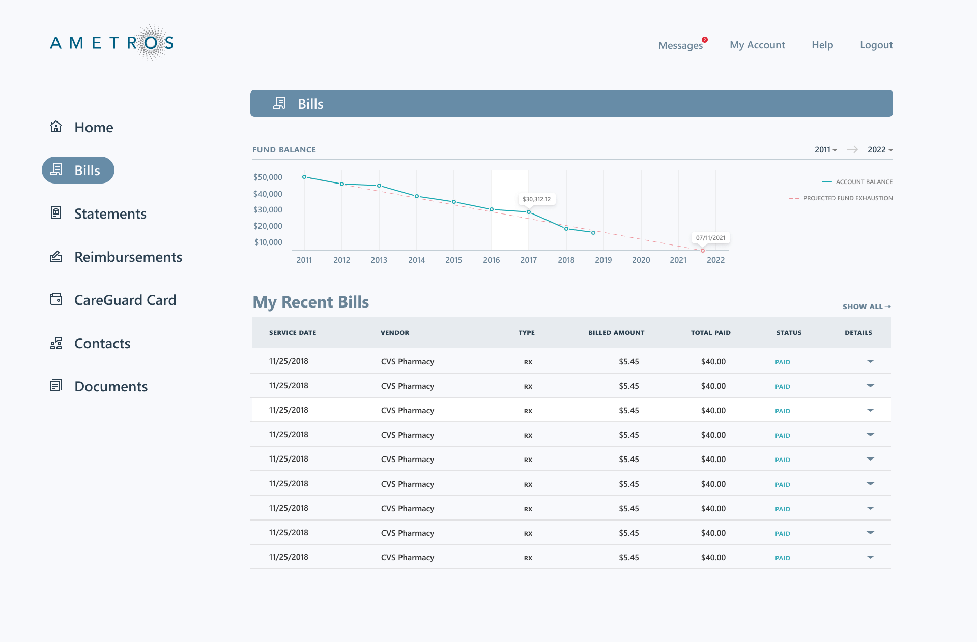 Ametros Portal Bills Screenshot
