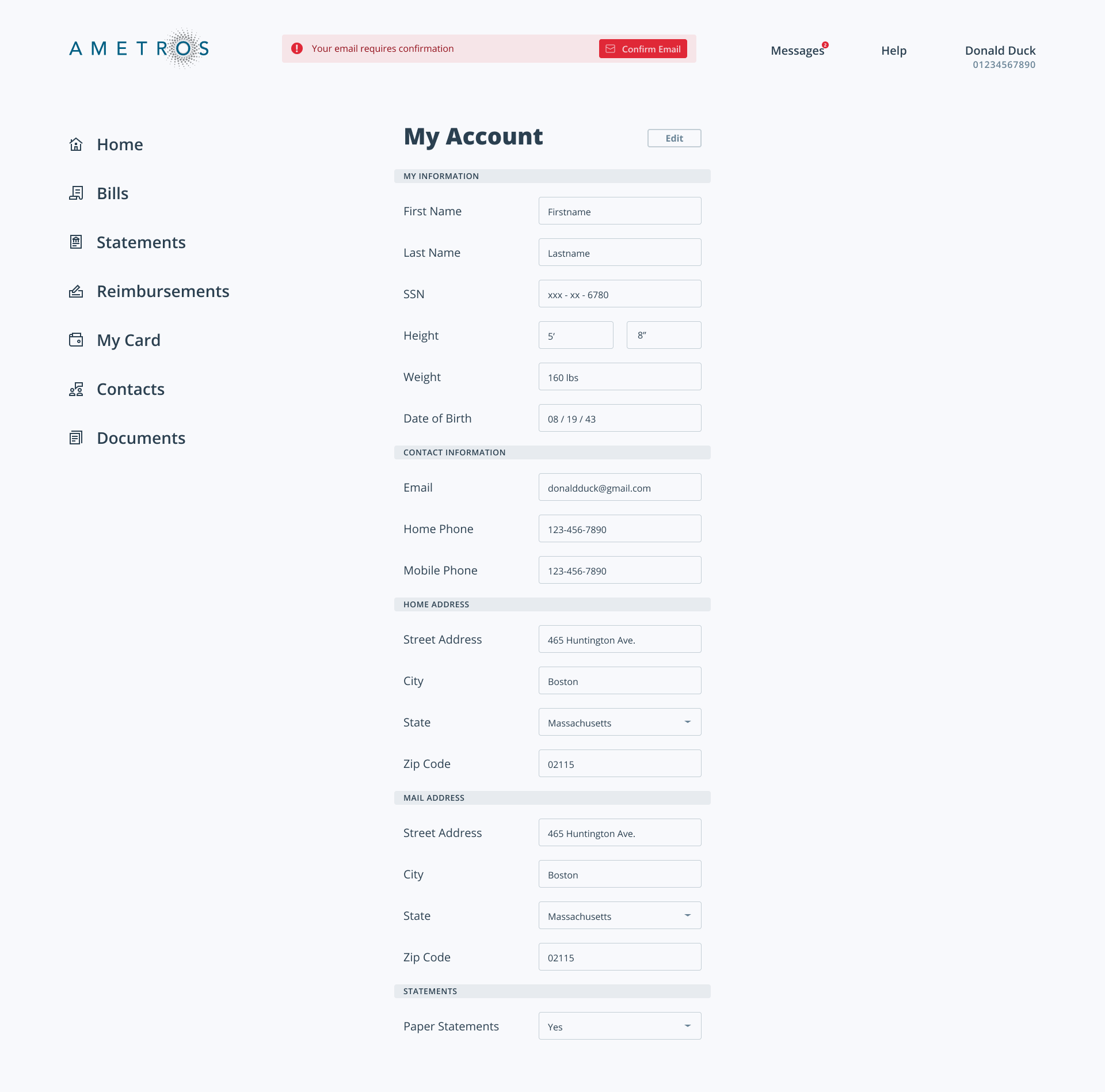 Ametros Portal Profile Screenshot