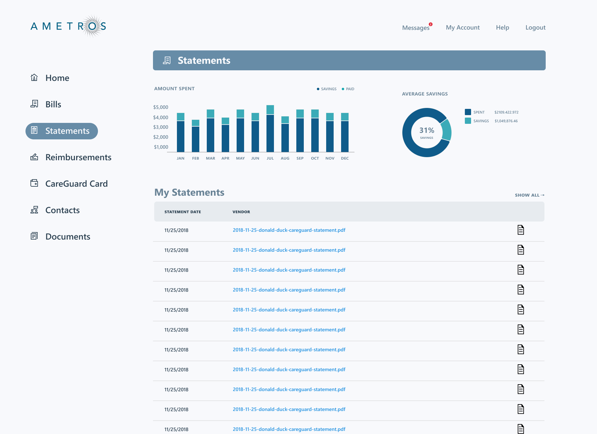 Ametros Portal Statements Screenshot