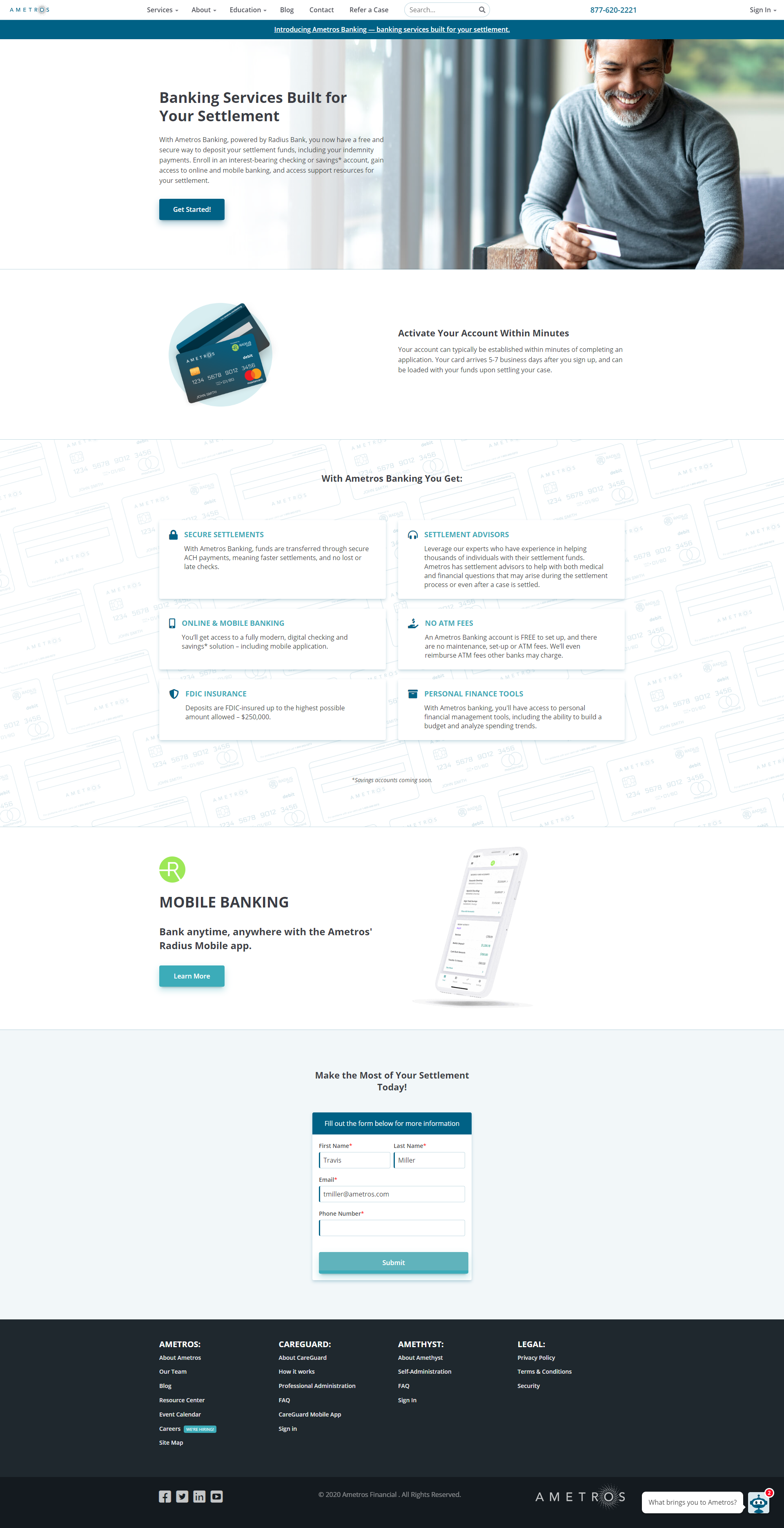 Ametros Banking Page Screenshot
