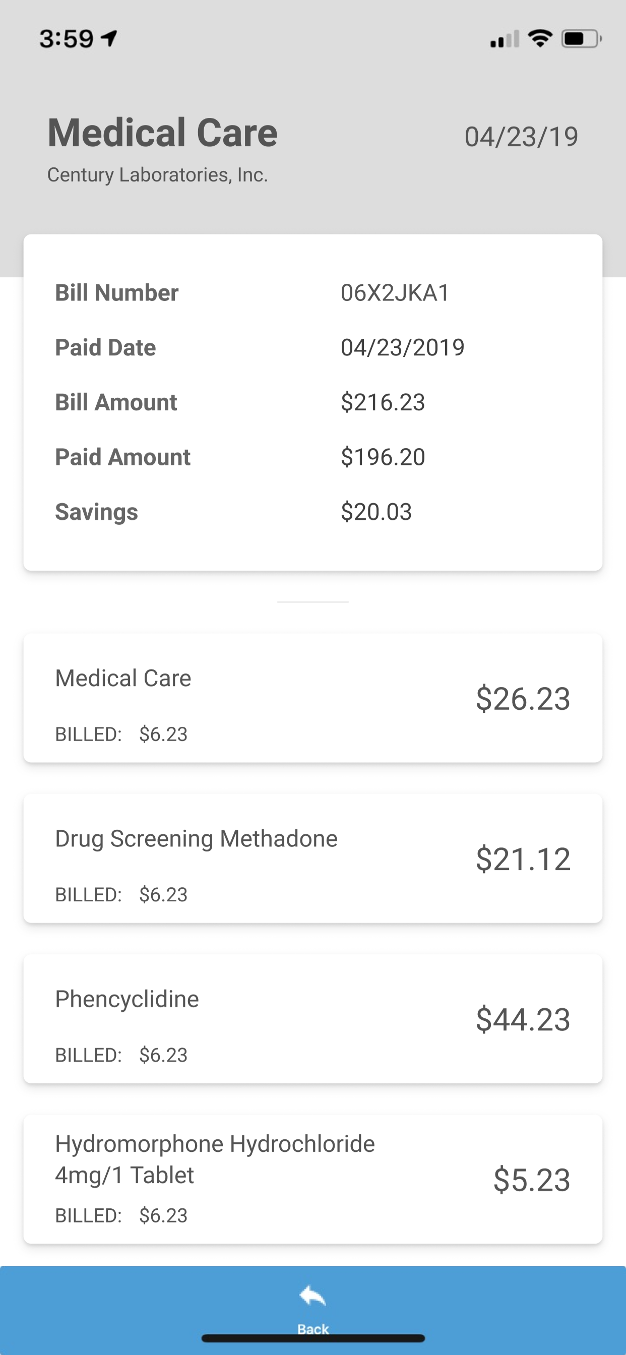 CareGuard App Bills Details Screenshot