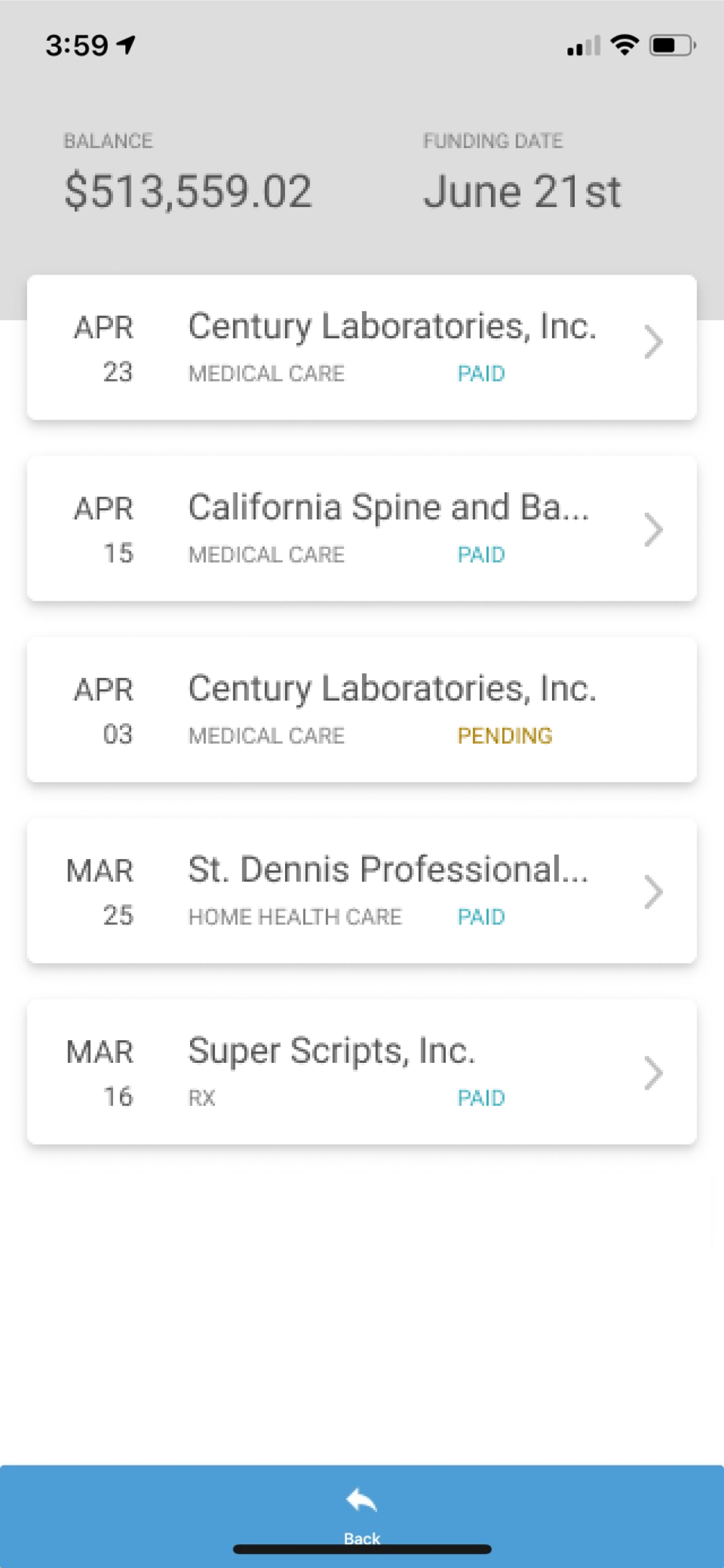 CareGuard App Bills Screenshot