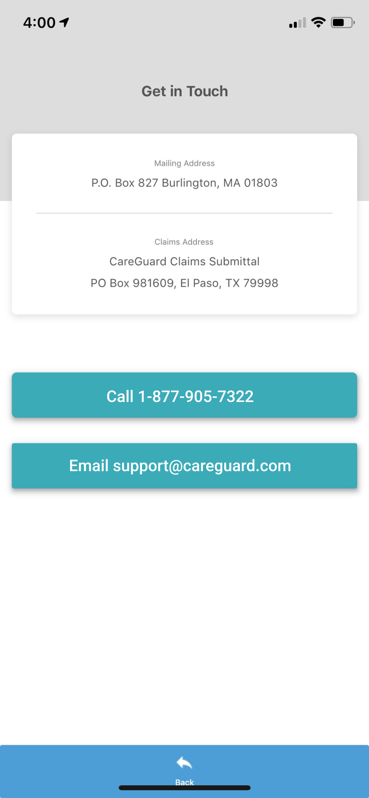 CareGuard App Contact Screenshot