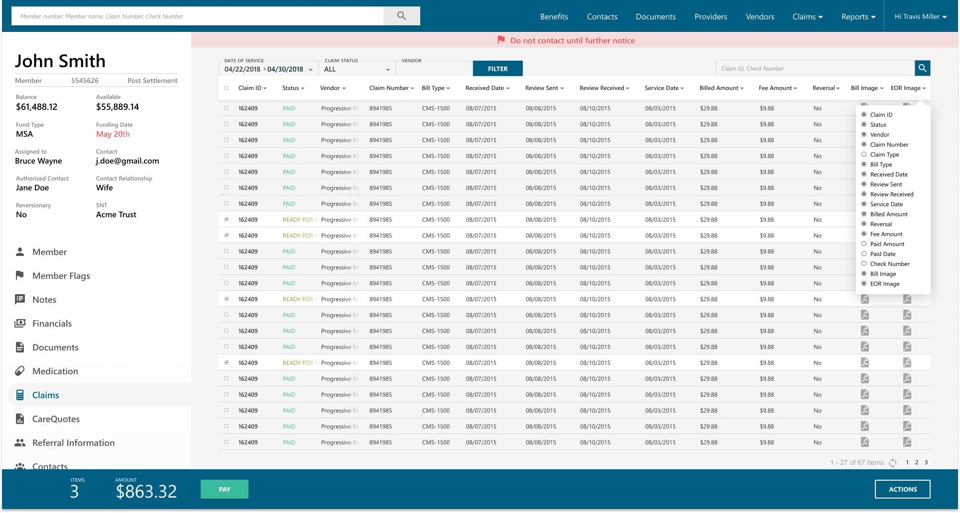 CareHub Member Claims Screenshot