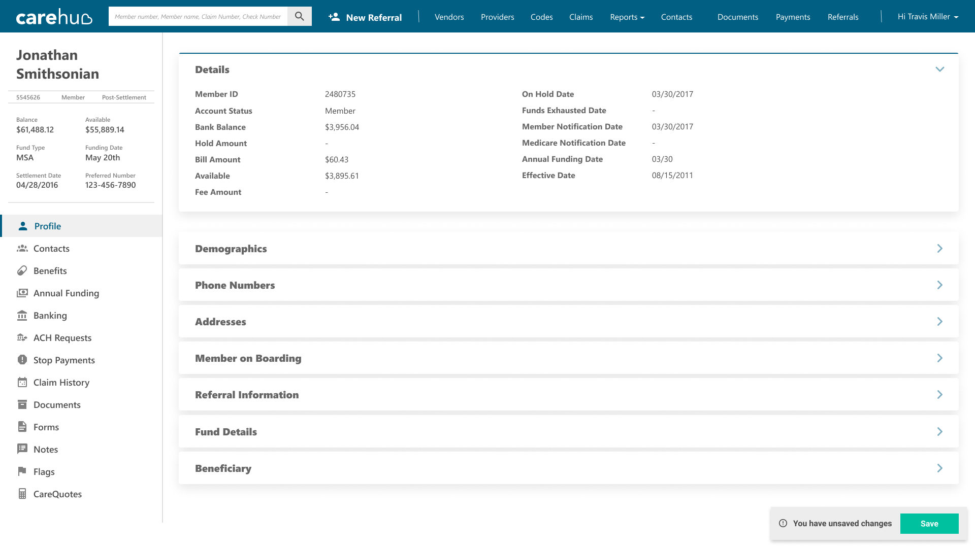 CareHub Member Screen Accordion Screenshot