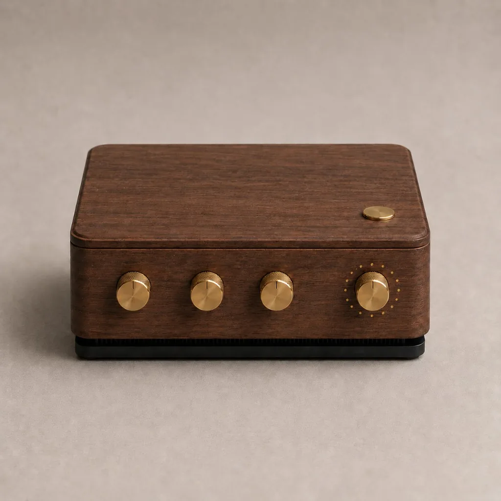 Sleep Machine concept render, walnut body with brass knobs and a black acoustic base