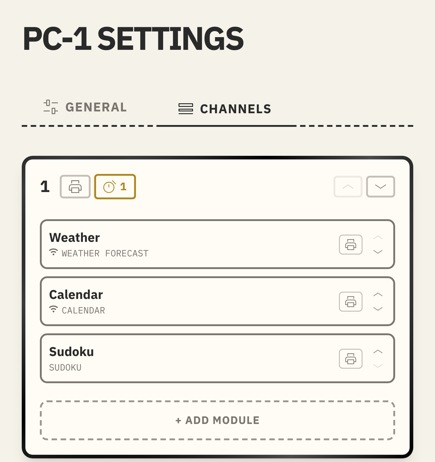 PC-1 settings with Weather, Calendar, and Sudoku arranged in that order on Channel 1
