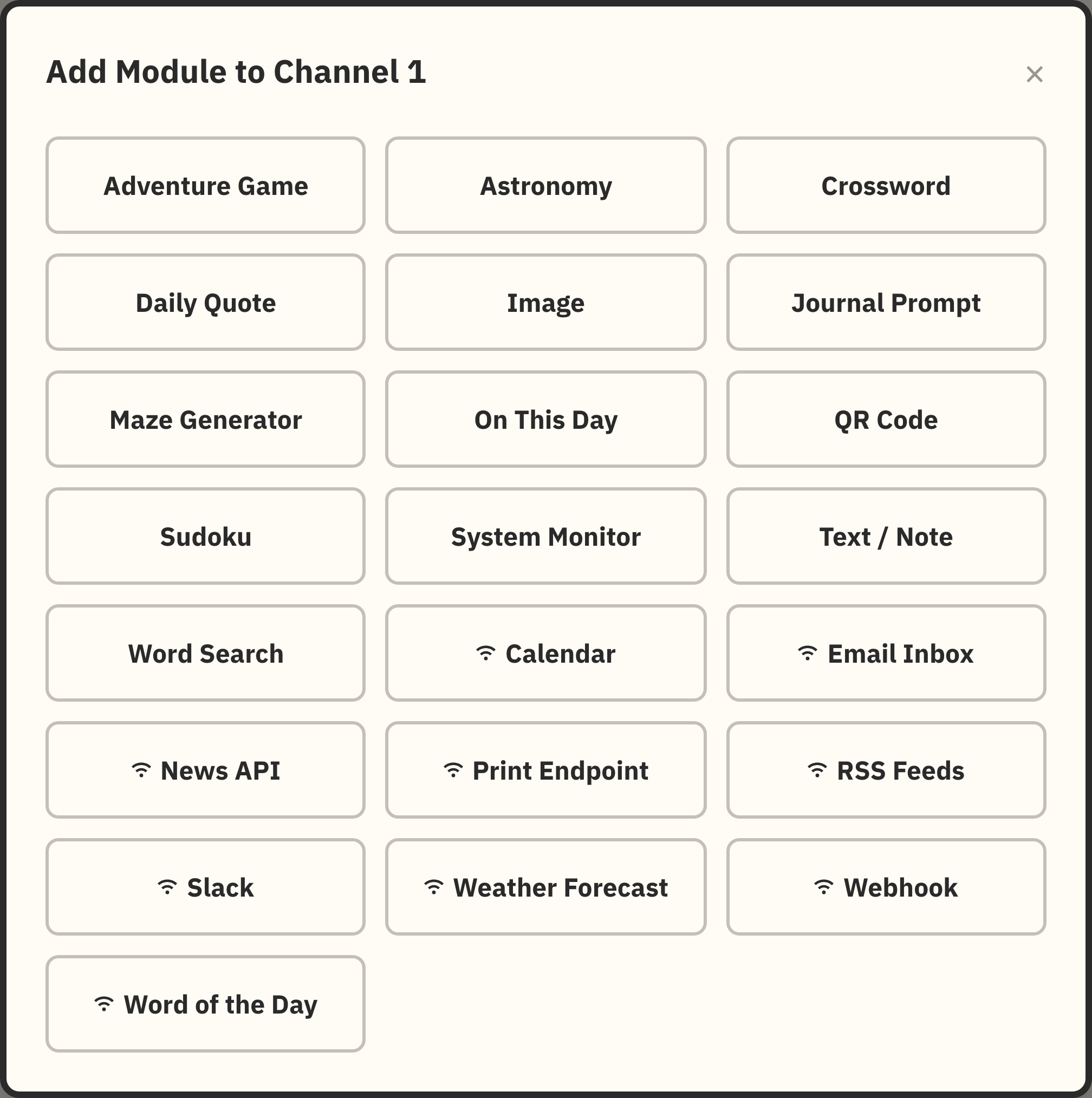 Add Module to Channel 1 picker showing all 22 module types, including Slack and Print Endpoint