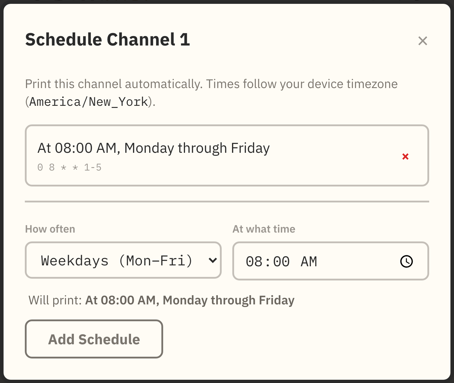 Schedule Channel 1 settings with Weekdays Monday through Friday selected and a print time of 8 AM